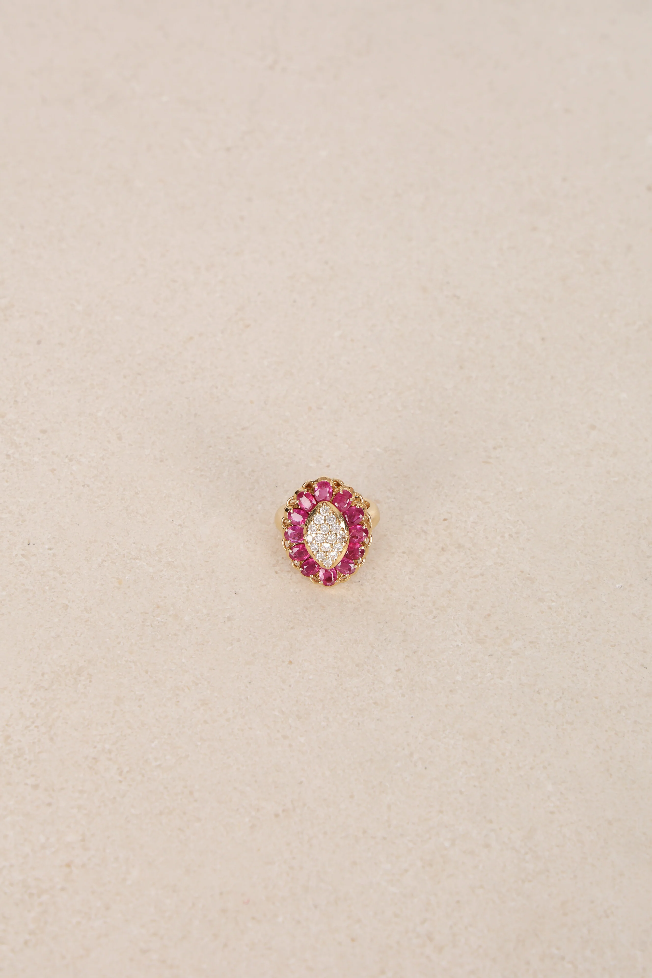 Vintage 1980s-1990s 18K Yellow Gold Ruby and Diamond Cluster Ring, Size US 3.75 - Image 10