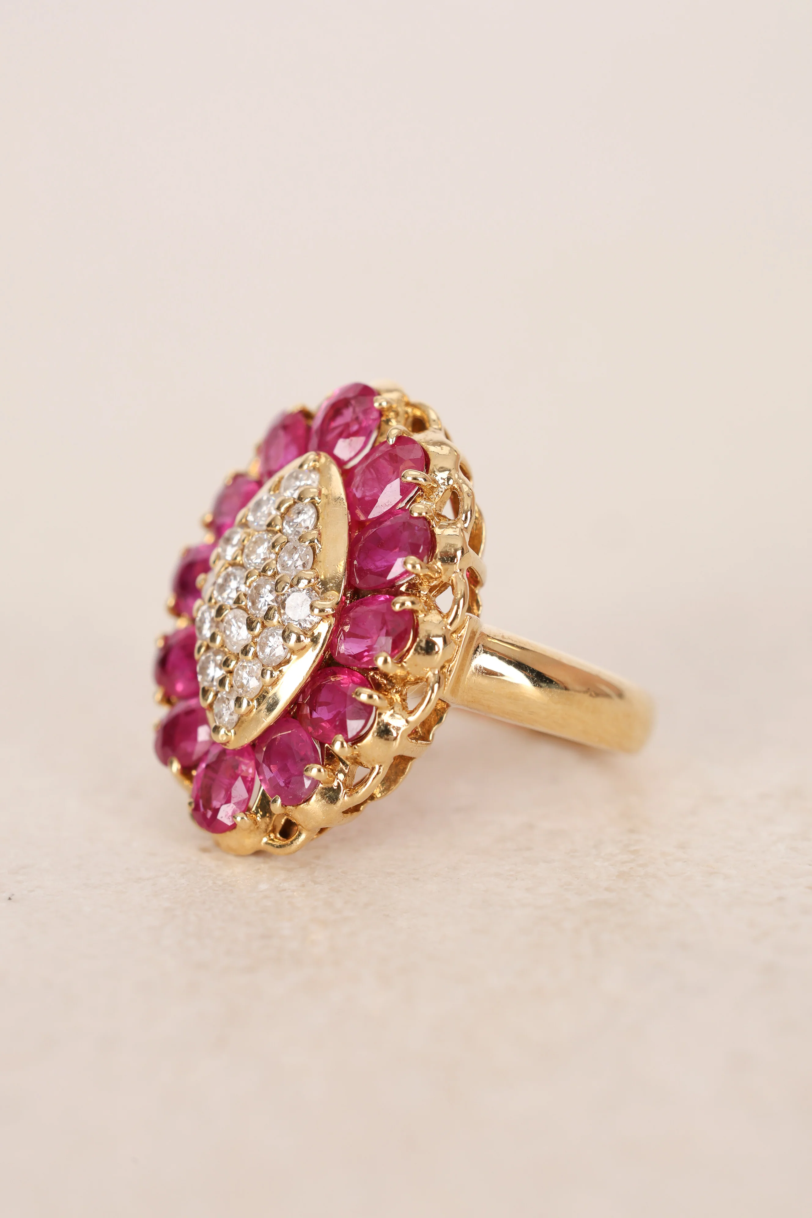 Vintage 1980s-1990s 18K Yellow Gold Ruby and Diamond Cluster Ring, Size US 3.75 - Image 3