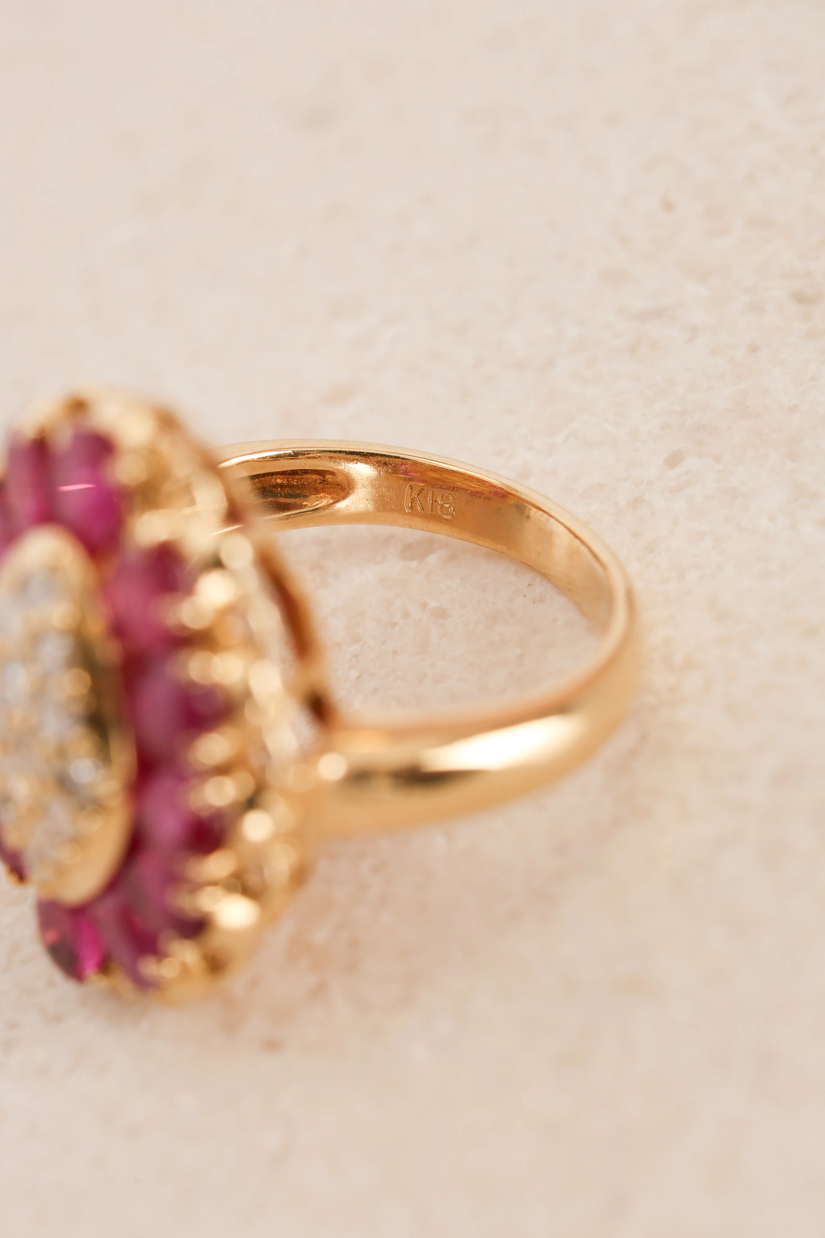 Vintage 1980s-1990s 18K Yellow Gold Ruby and Diamond Cluster Ring, Size US 3.75 - Image 5