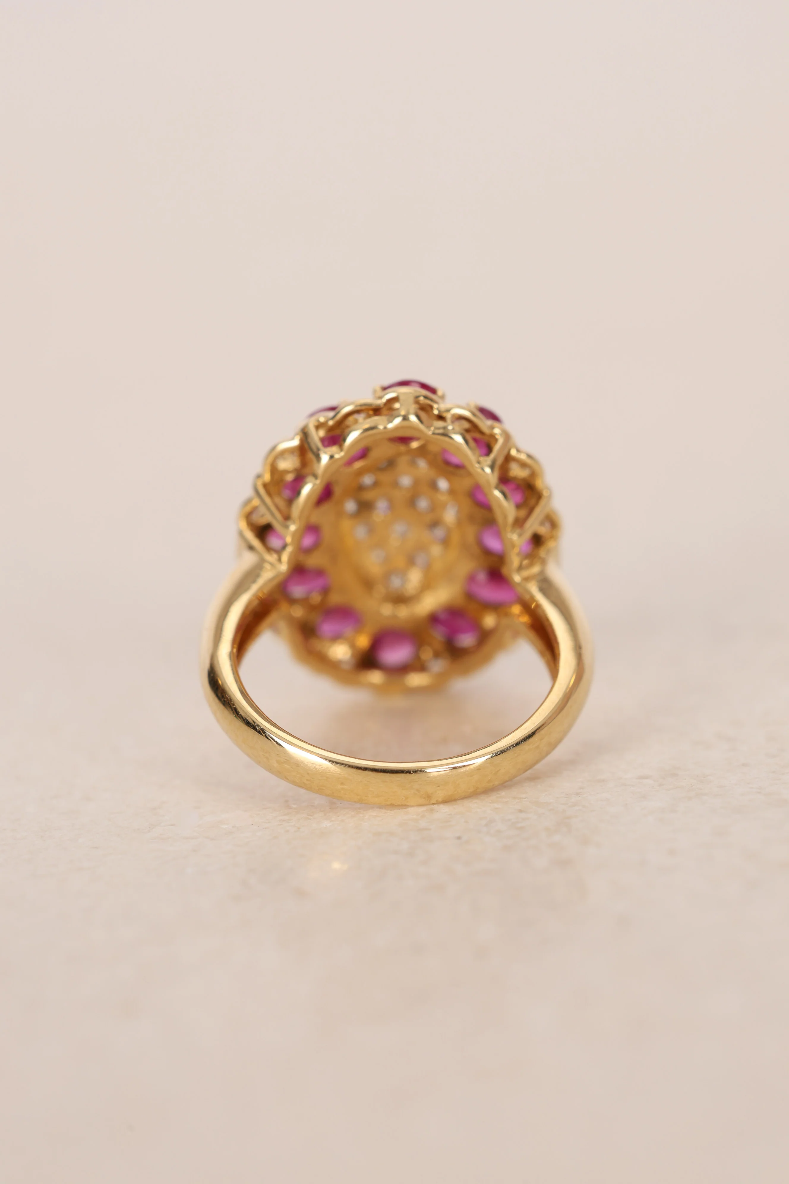 Vintage 1980s-1990s 18K Yellow Gold Ruby and Diamond Cluster Ring, Size US 3.75 - Image 6