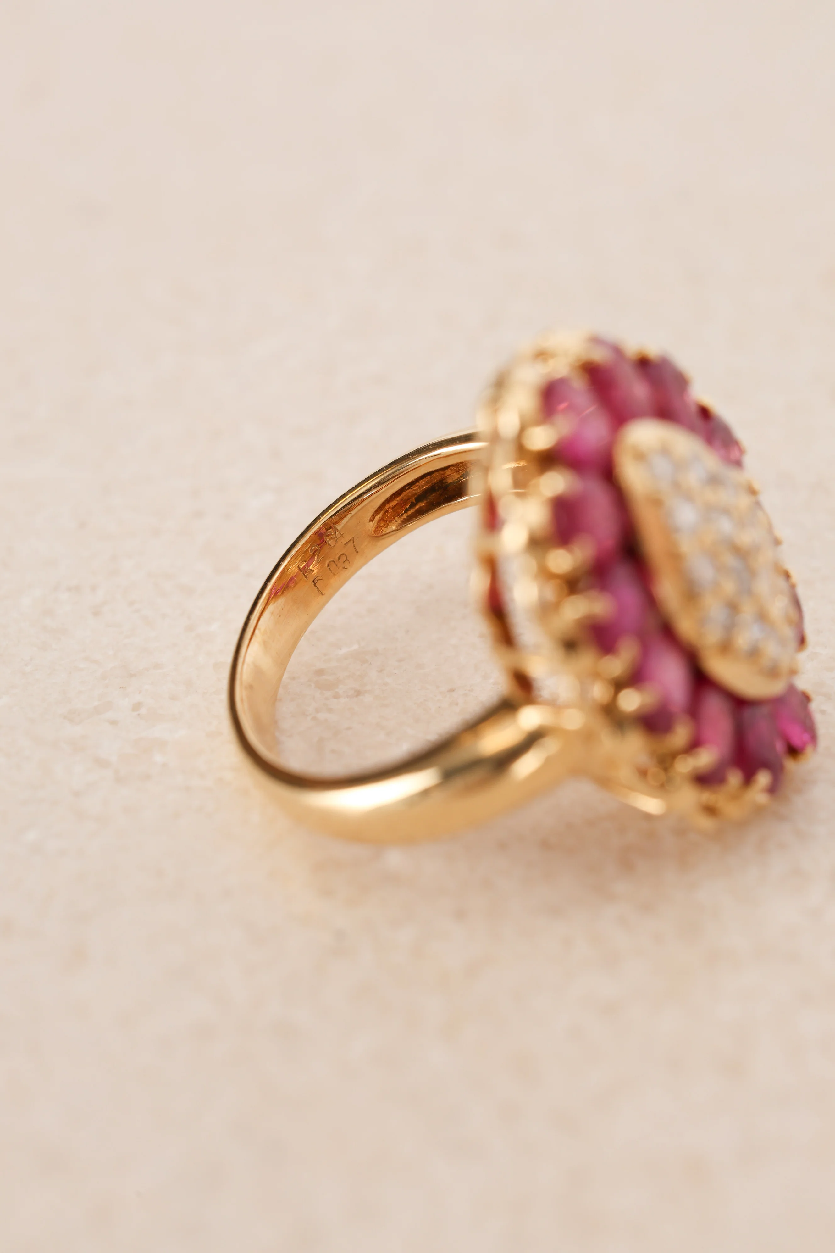 Vintage 1980s-1990s 18K Yellow Gold Ruby and Diamond Cluster Ring, Size US 3.75 - Image 9