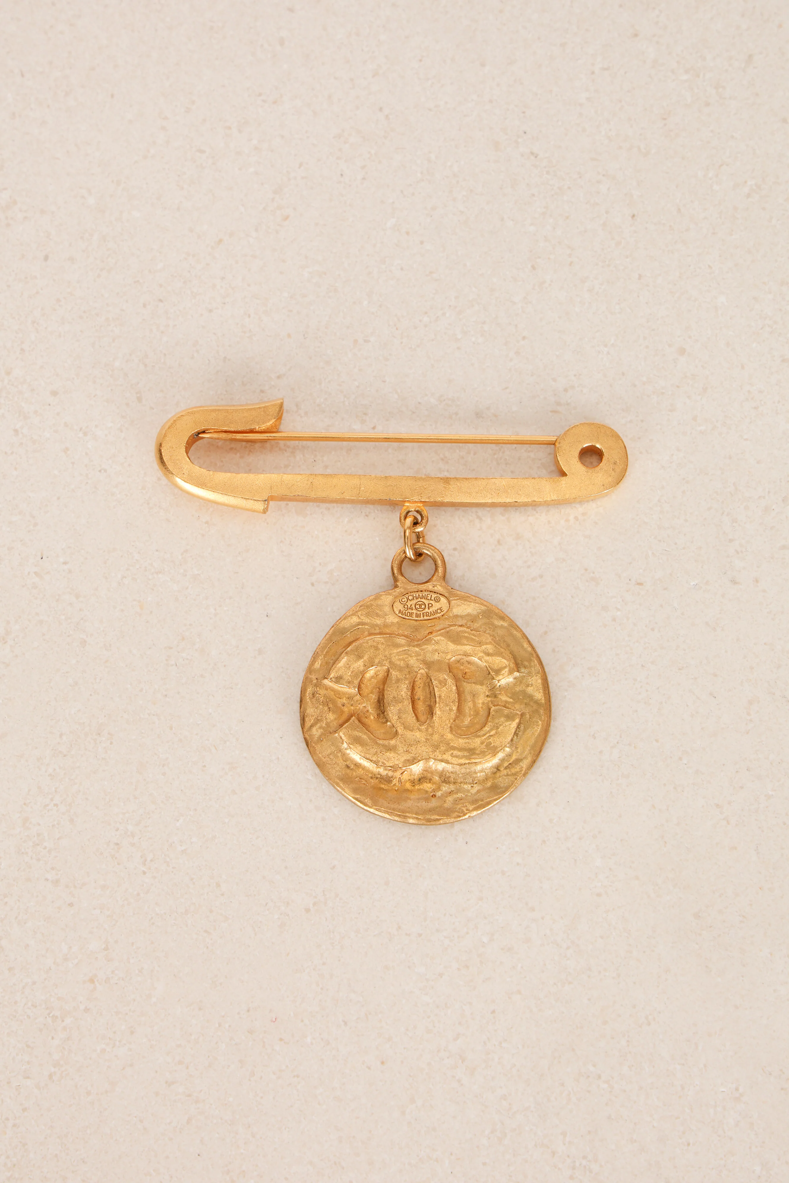 Chanel 1994 Logo Safety Pin and Medallion Brooch 24K GP - Image 3