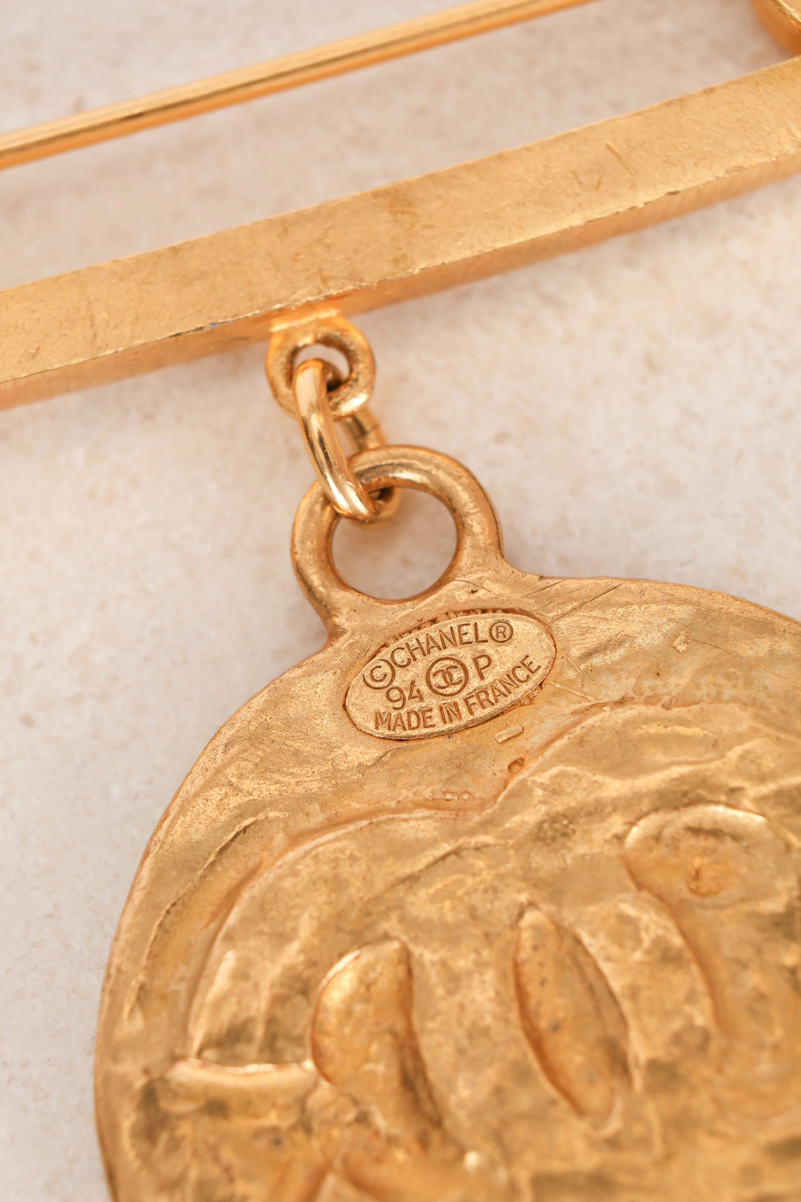 Chanel 1994 Logo Safety Pin and Medallion Brooch 24K GP - Image 4