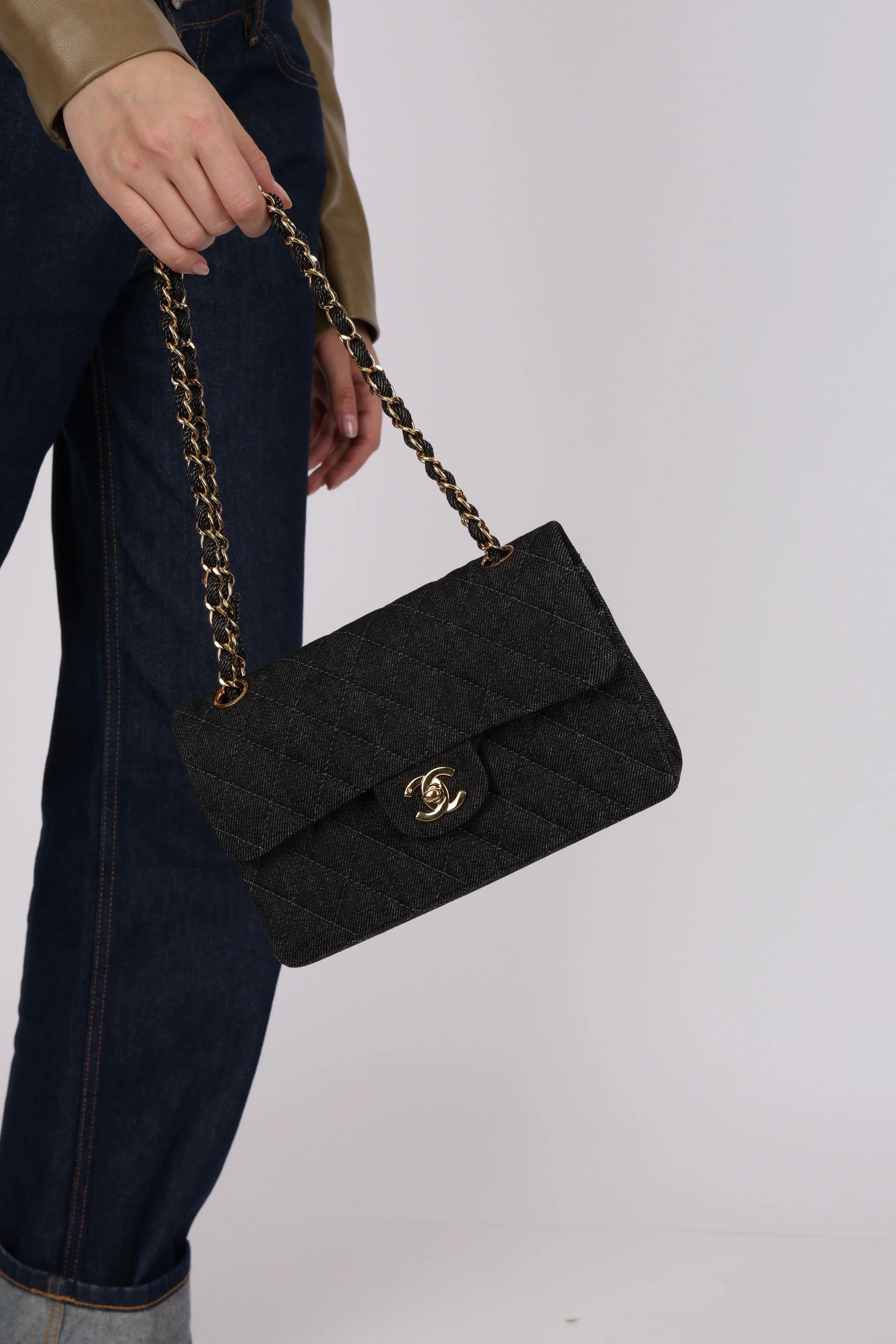 Ultra-Rare Chanel 1997 Black Denim Small Double Flap 24K GP - Image 14