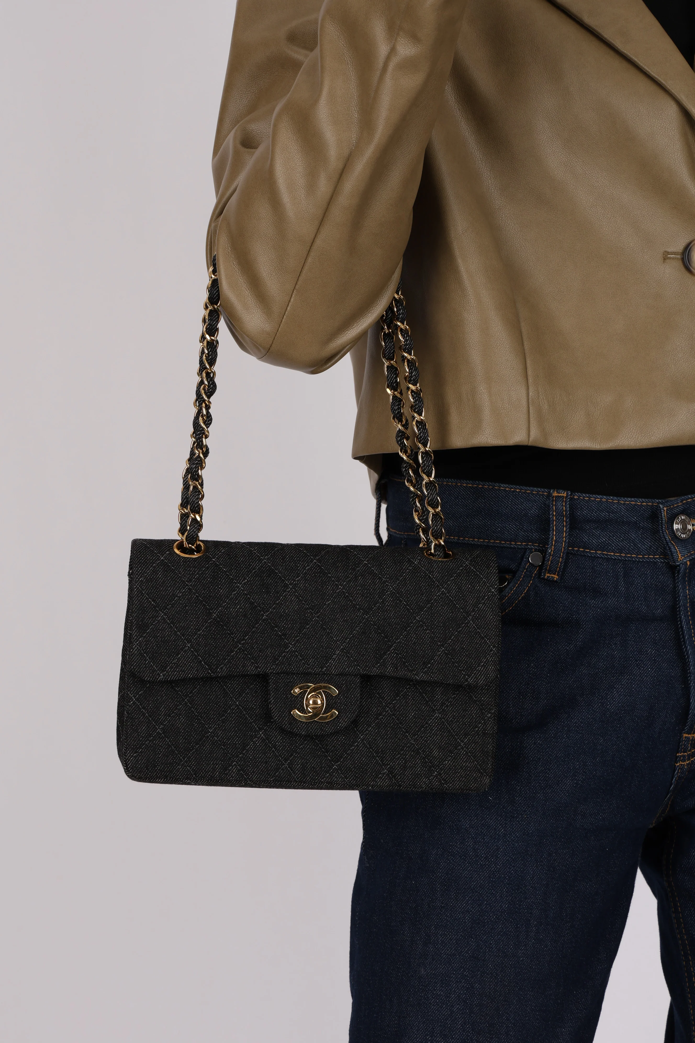 Ultra-Rare Chanel 1997 Black Denim Small Double Flap 24K GP - Image 15