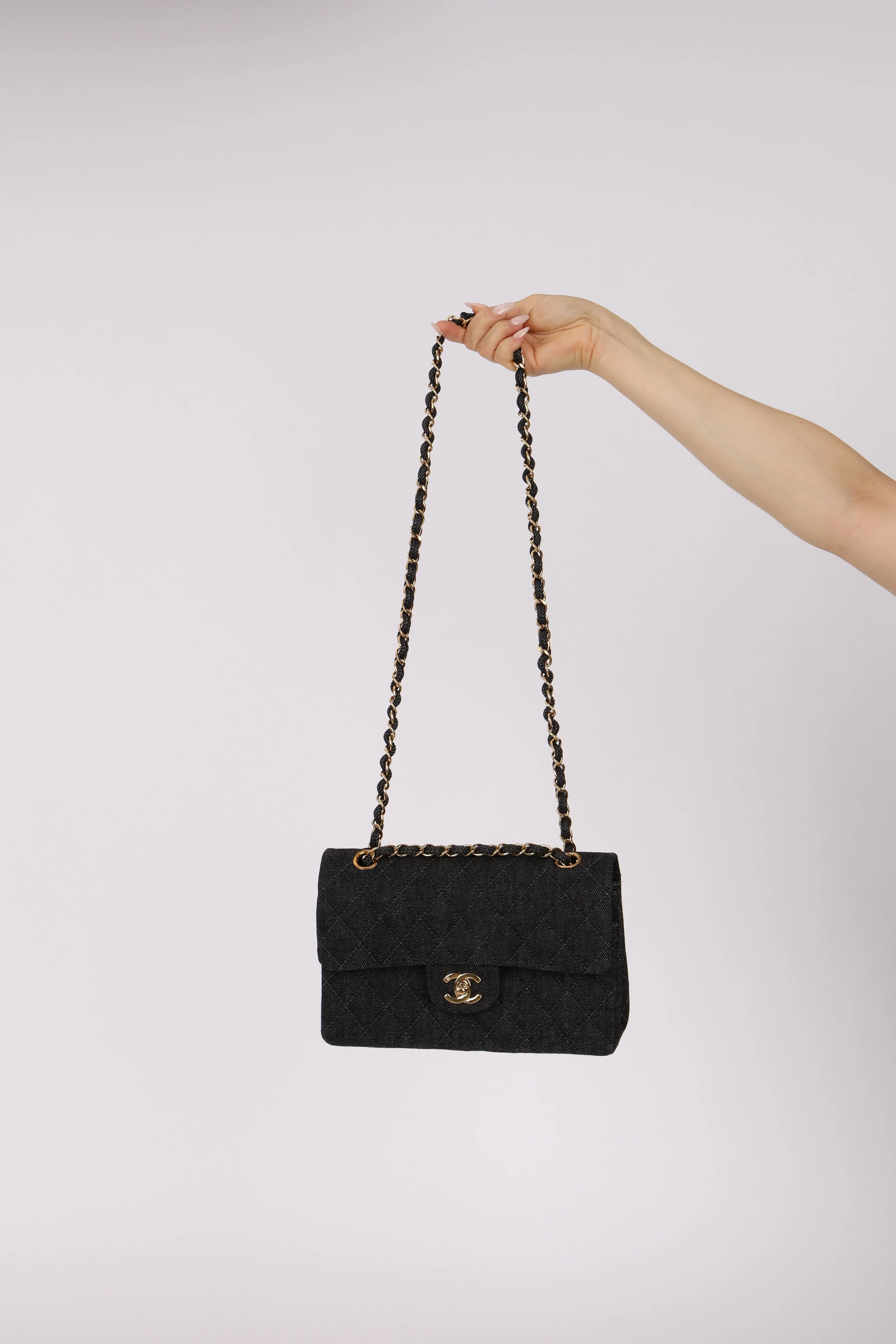 Ultra-Rare Chanel 1997 Black Denim Small Double Flap 24K GP - Image 3