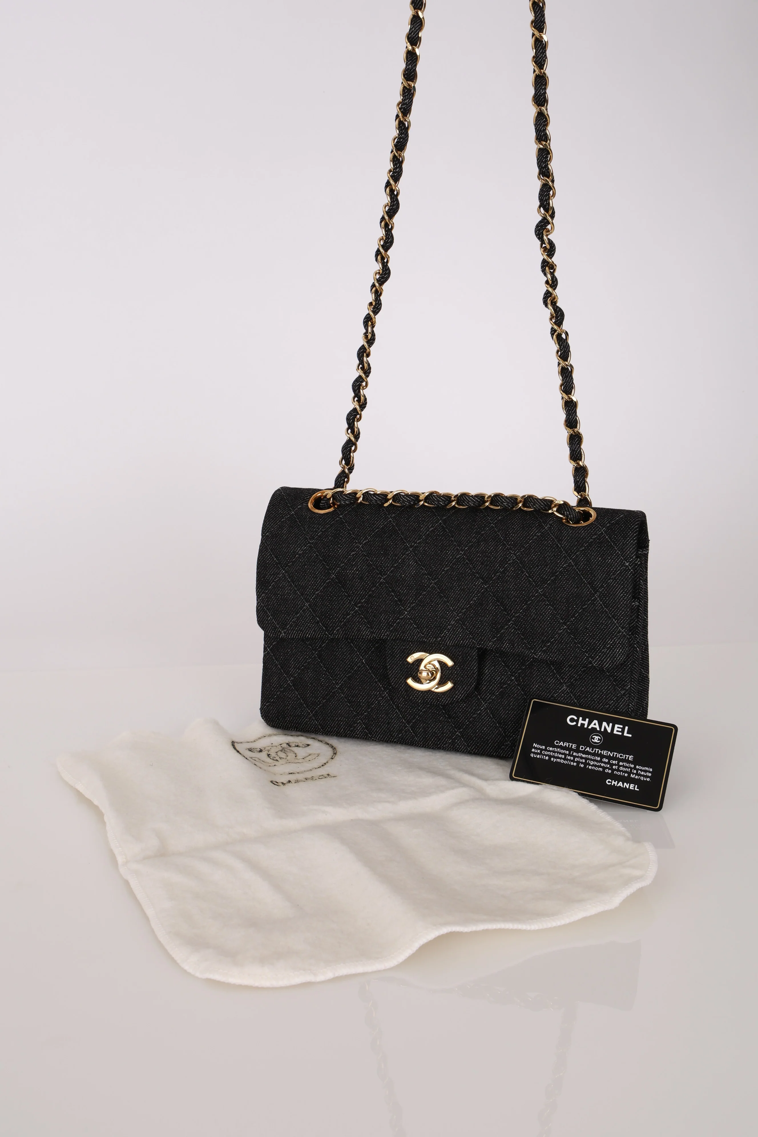 Ultra-Rare Chanel 1997 Black Denim Small Double Flap 24K GP - Image 4