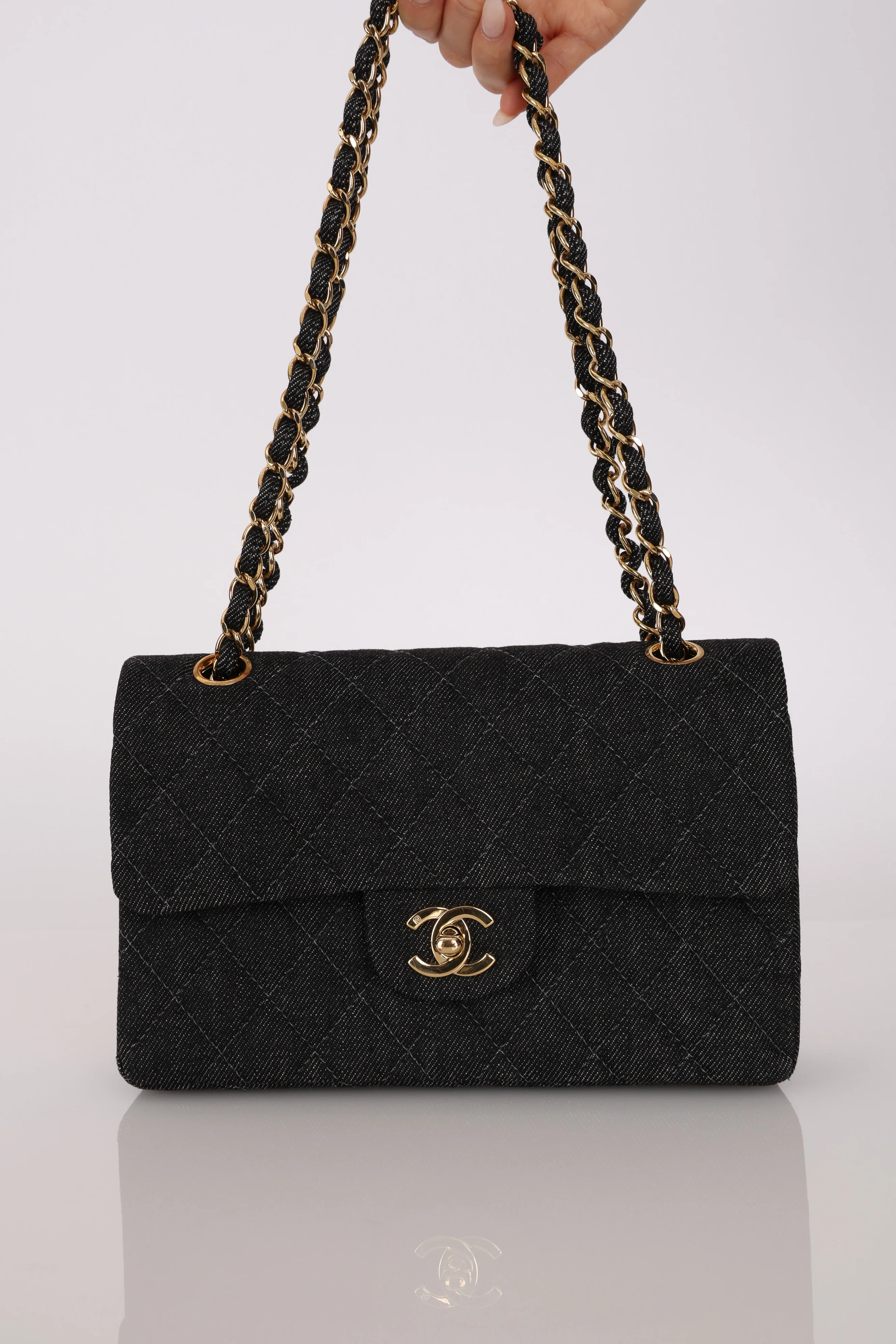 Ultra-Rare Chanel 1997 Black Denim Small Double Flap 24K GP - Image 6