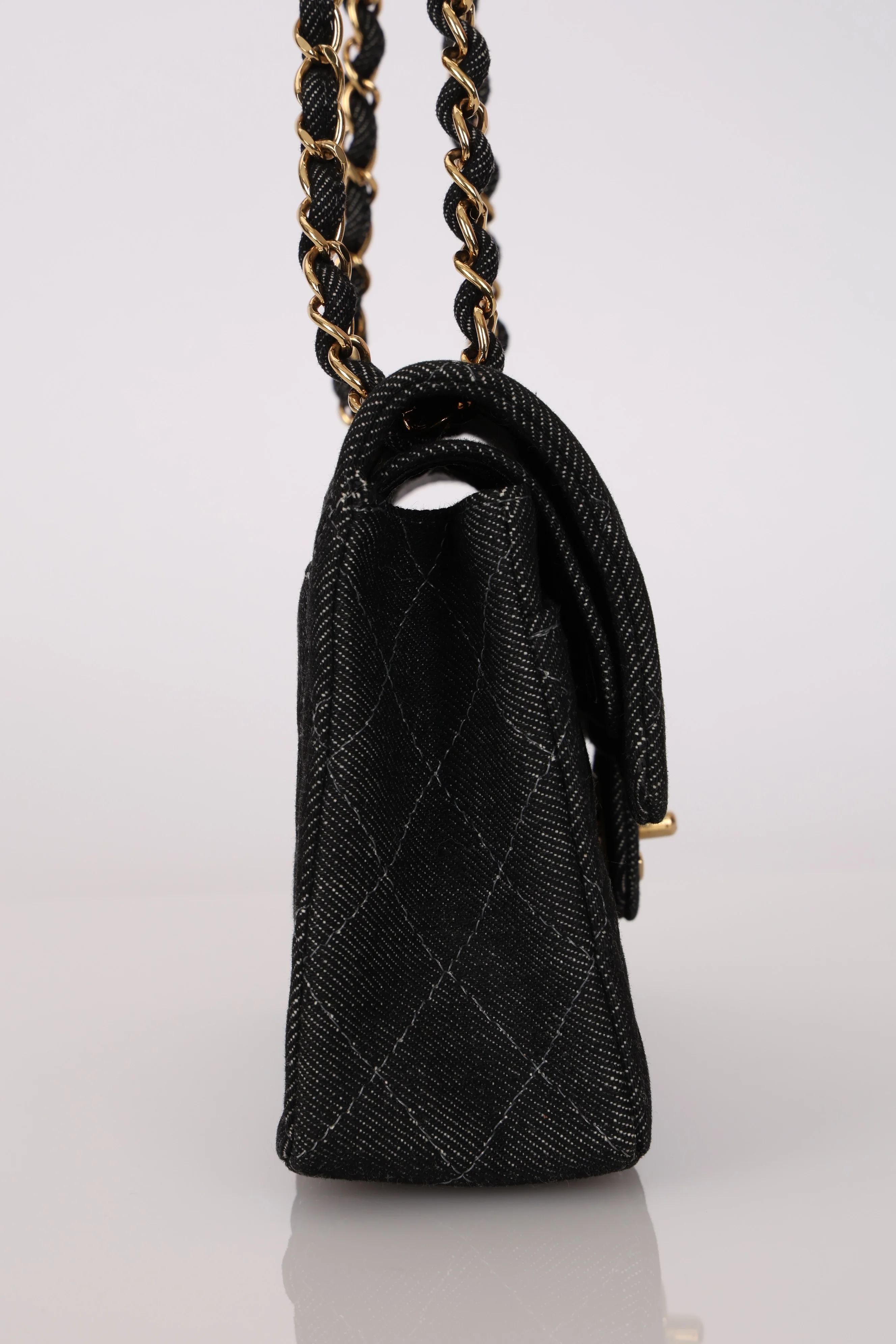 Ultra-Rare Chanel 1997 Black Denim Small Double Flap 24K GP - Image 9