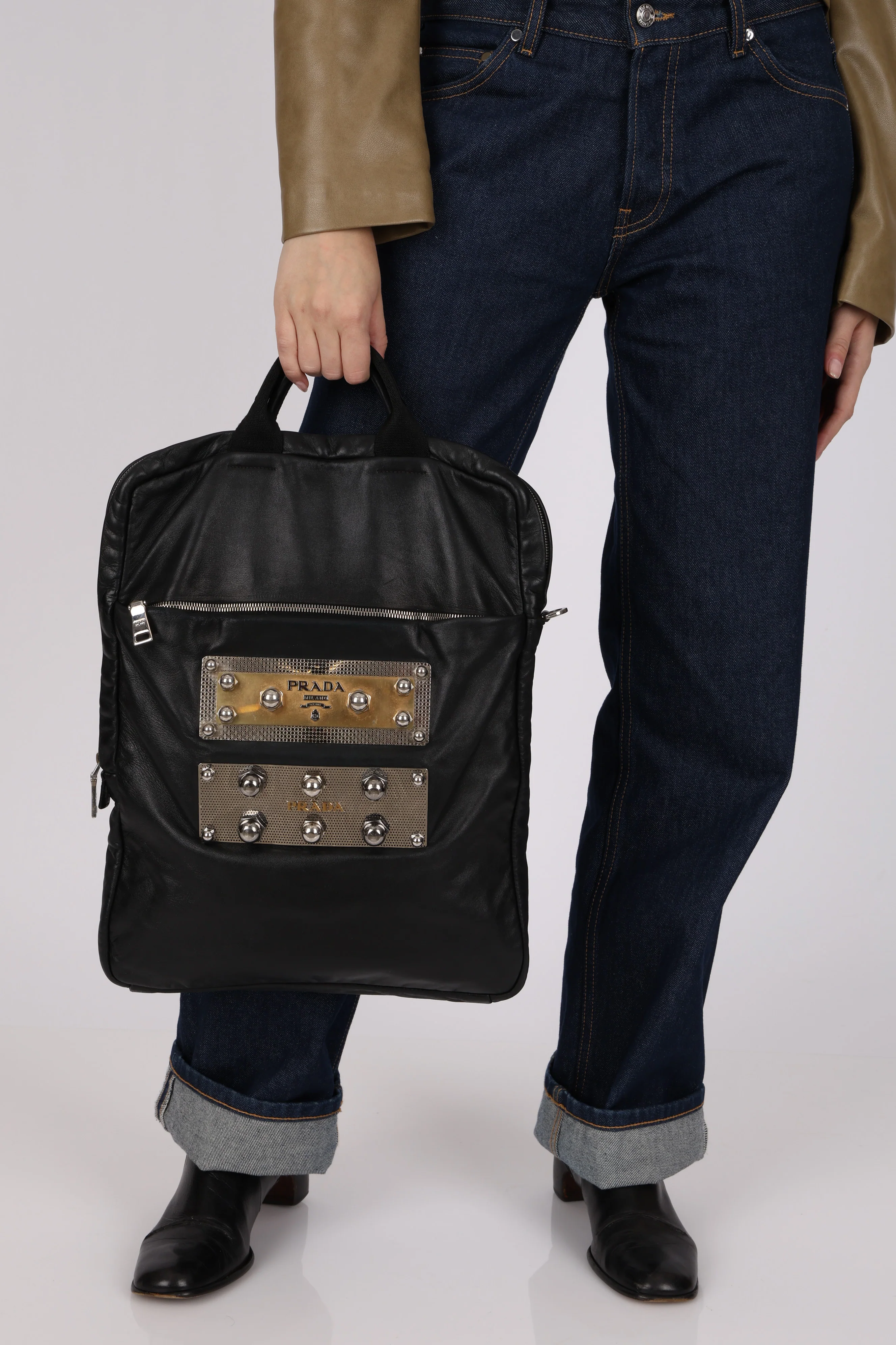 Prada Nappa Metal Plate Stud Logo Tote - Image 11